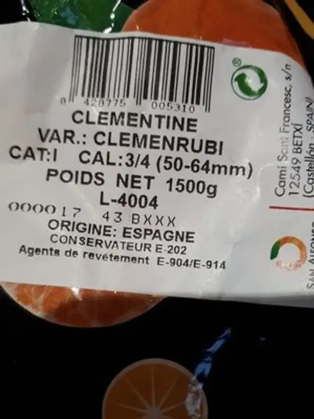 Clementines espagne ingredients label