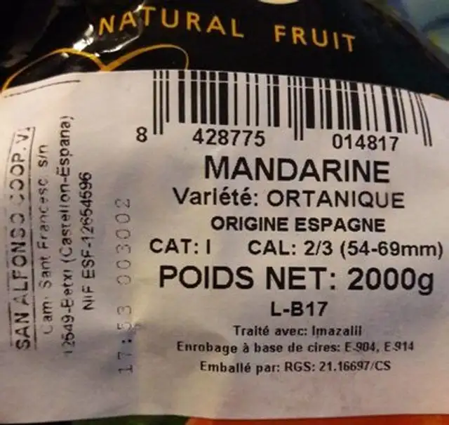 Mandarine ortanique nutrition facts table