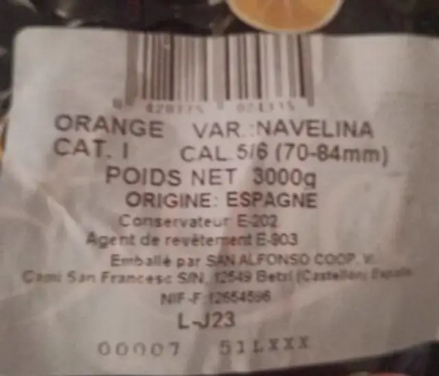 Orange nutrition facts table
