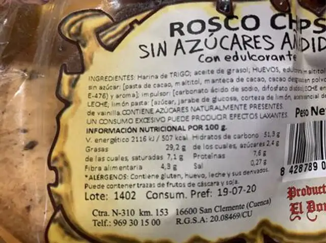 Rosco Chips sin azucar nutrition facts table