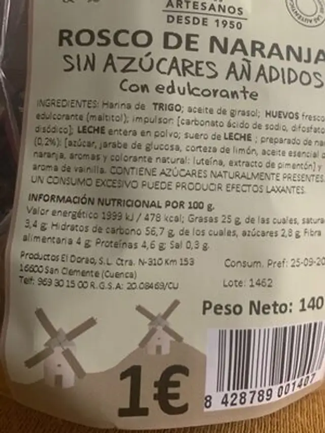 Rosco de naranja nutrition facts table