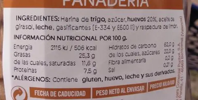 Rosquilla de huevo nutrition facts table