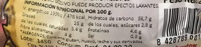 Rosco de naranja nutrition facts table