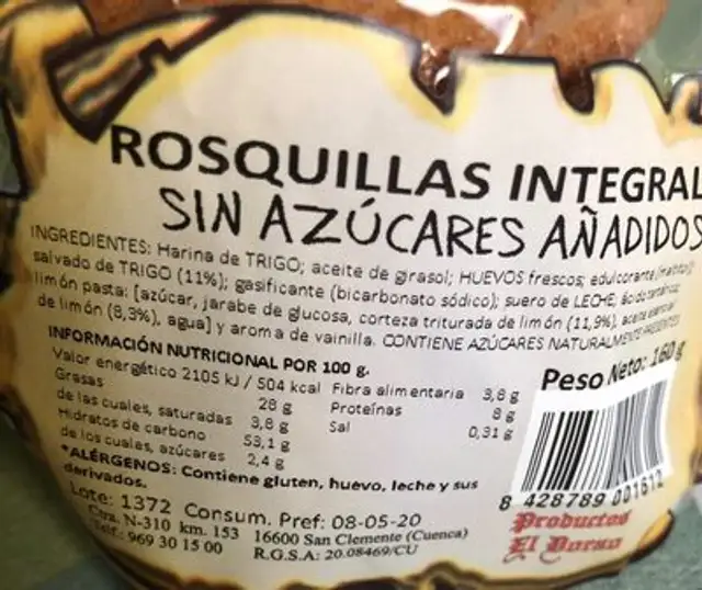 Rosquillas integrales nutrition facts table