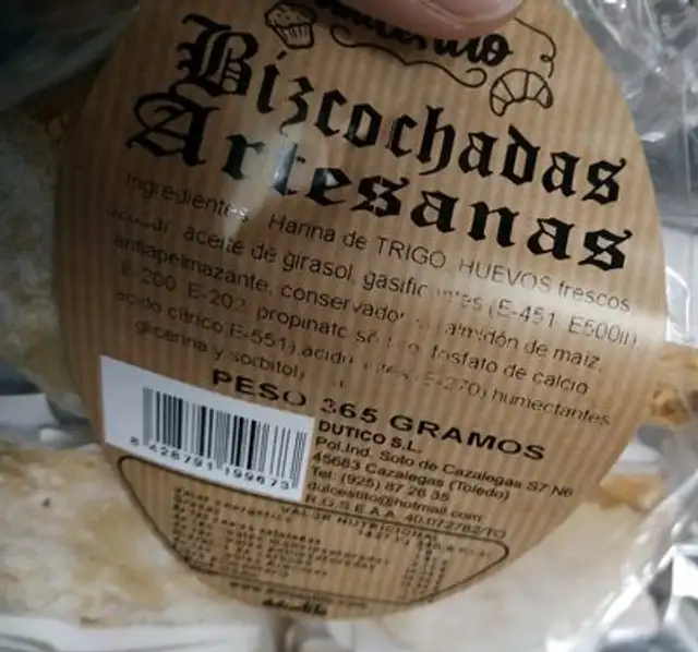 Bizcochadas ingredients label
