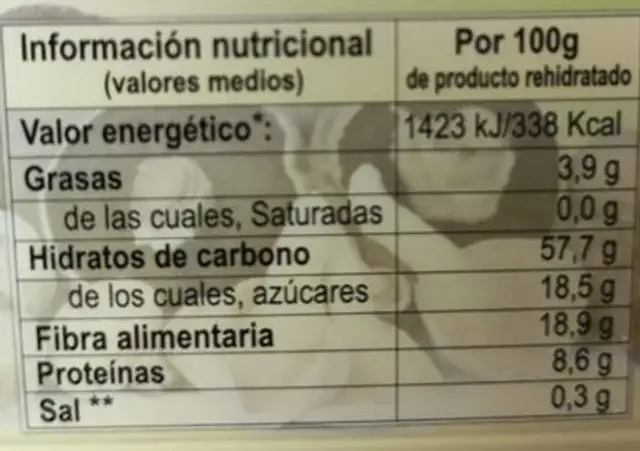 Shiitake en Sopa Juliana nutrition facts table