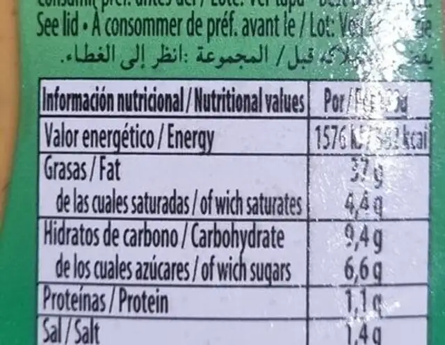 Salsa Andalusi sauce nutrition facts table