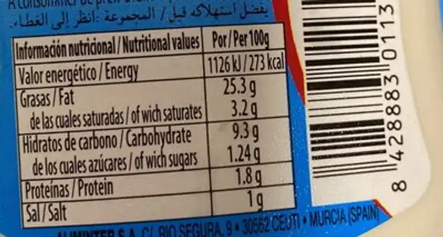 Salsa de yogur nutrition facts table
