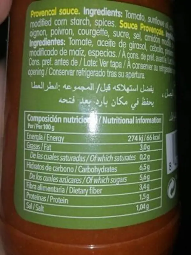 Salsa provenzal nutrition facts table