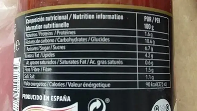 Salsa de tomate frito Gourmet nutrition facts table
