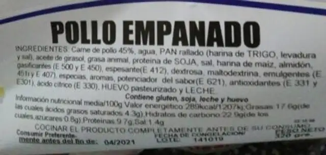 Pollo empanado nutrition facts table