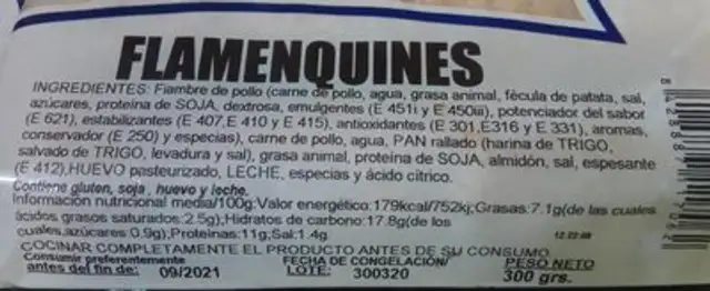 Flamenquines nutrition facts table