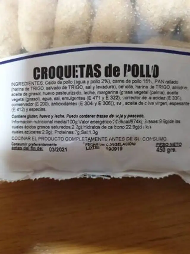 Croquetas de pollo nutrition facts table