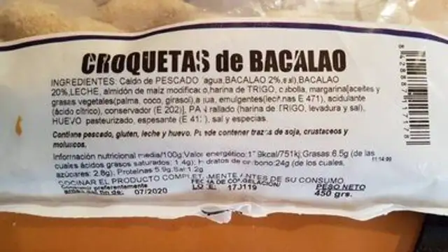 Croquetas de bacalao ingredients label