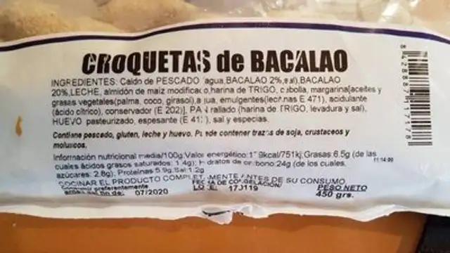 Croquetas de bacalao nutrition facts table