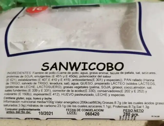 sanwicobo nutrition facts table