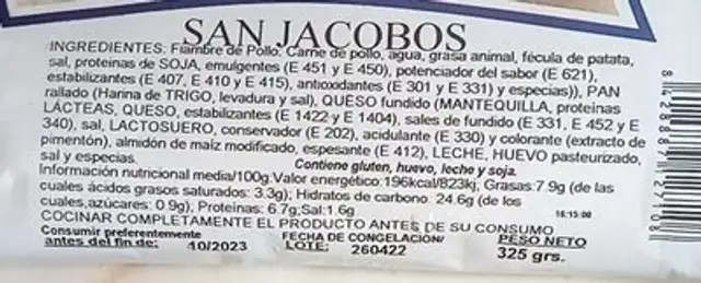 San Jacobos nutrition facts table