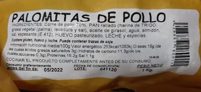 Palomitas de pollo nutrition facts table