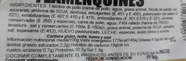 Flamenquines nutrition facts table
