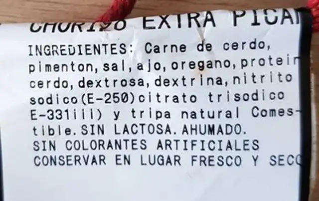 Chorizo extra piquante ingredients label