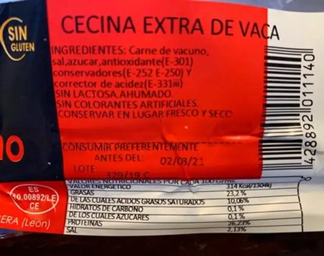 Cecina Extra de Vaca nutrition facts table