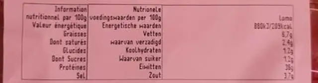 Longe séchée nutrition facts table
