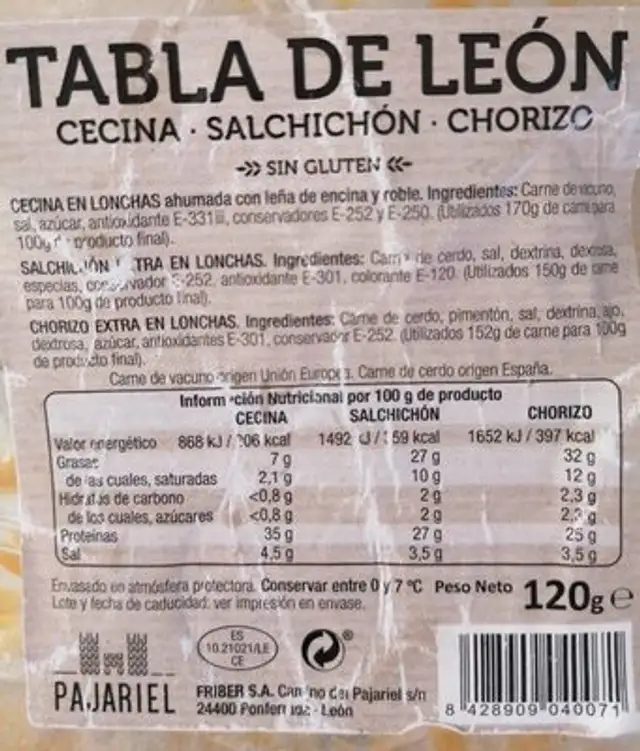 Tabla de León nutrition facts table