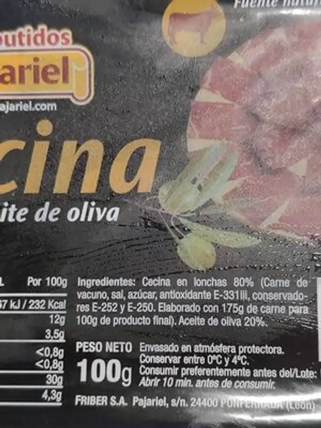 Cecina con aceite de oliva ingredients label
