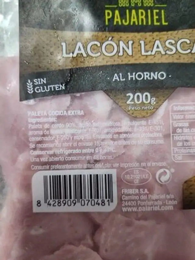 Lacón al horno lascas ingredients label