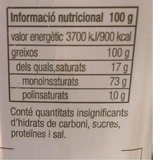 Oli d’Oliva Verge Extra nutrition facts table