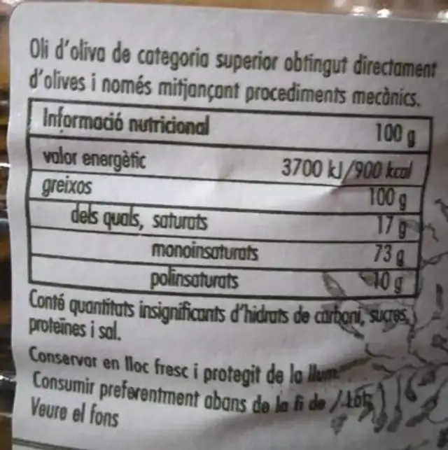 Oli de Pau nutrition facts table