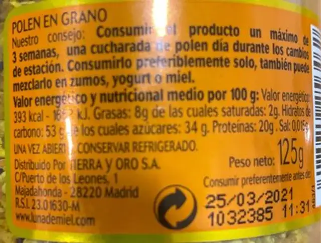 Polen en grano nutrition facts table