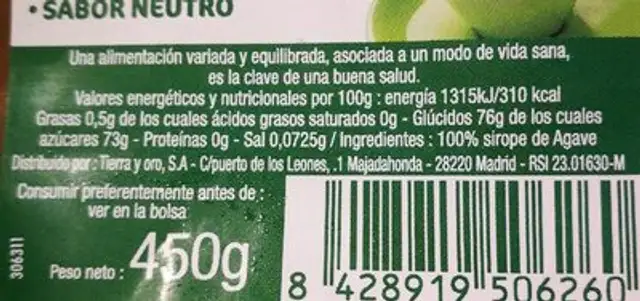 Agave nutrition facts table