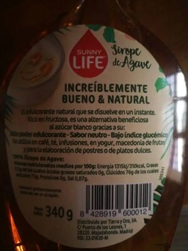 Sirope de agave nutrition facts table