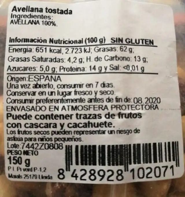 Avellana tostada nutrition facts table