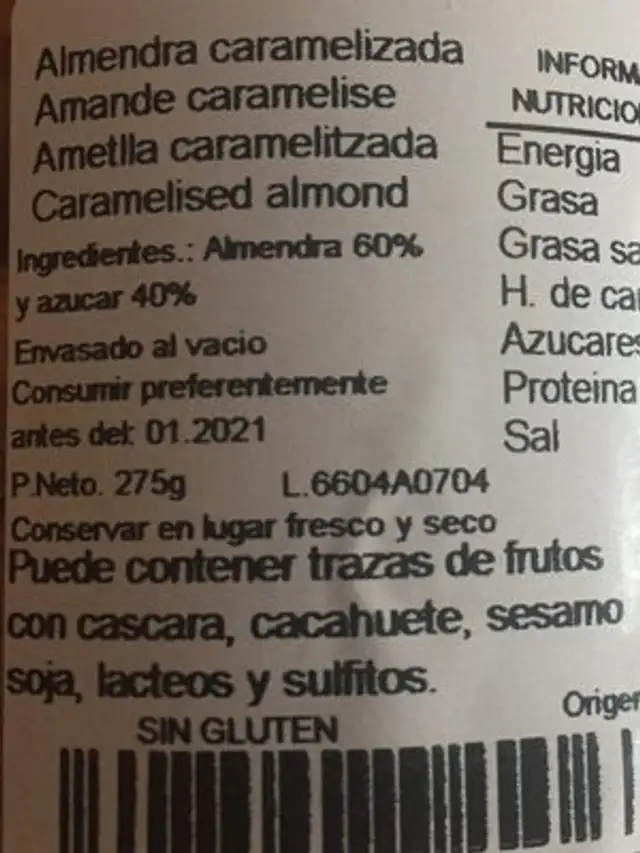 Almandra Caramelisada ingredients label