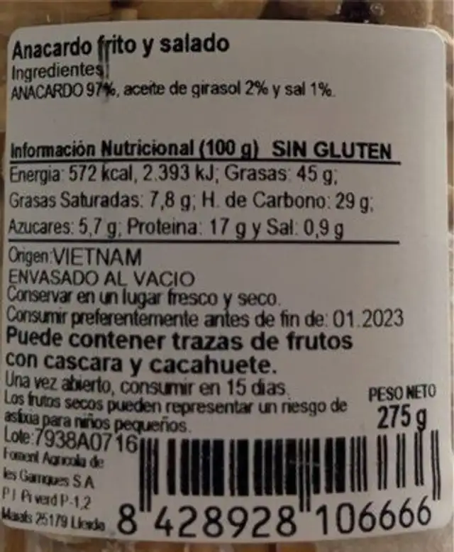 Anacardo Frito y Salado nutrition facts table