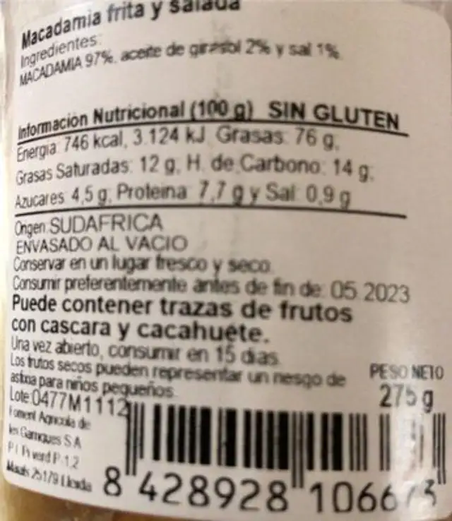 Macadamia frita y salada nutrition facts table