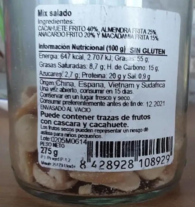 Mix salado nutrition facts table