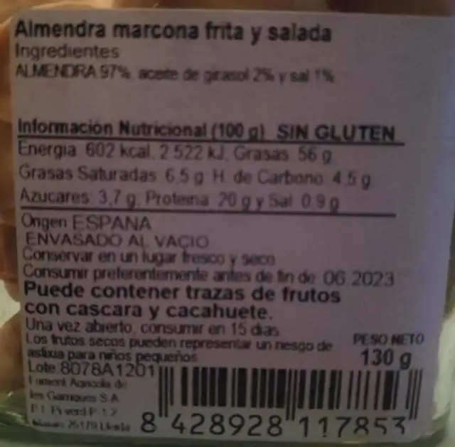 Almendra marcona salada y frita nutrition facts table