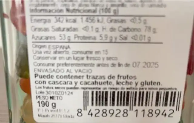 Caramelos de goma nutrition facts table