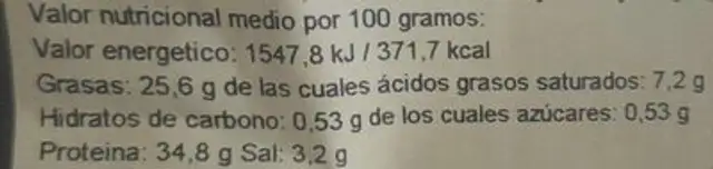 Lomo de cebo ibérico nutrition facts table