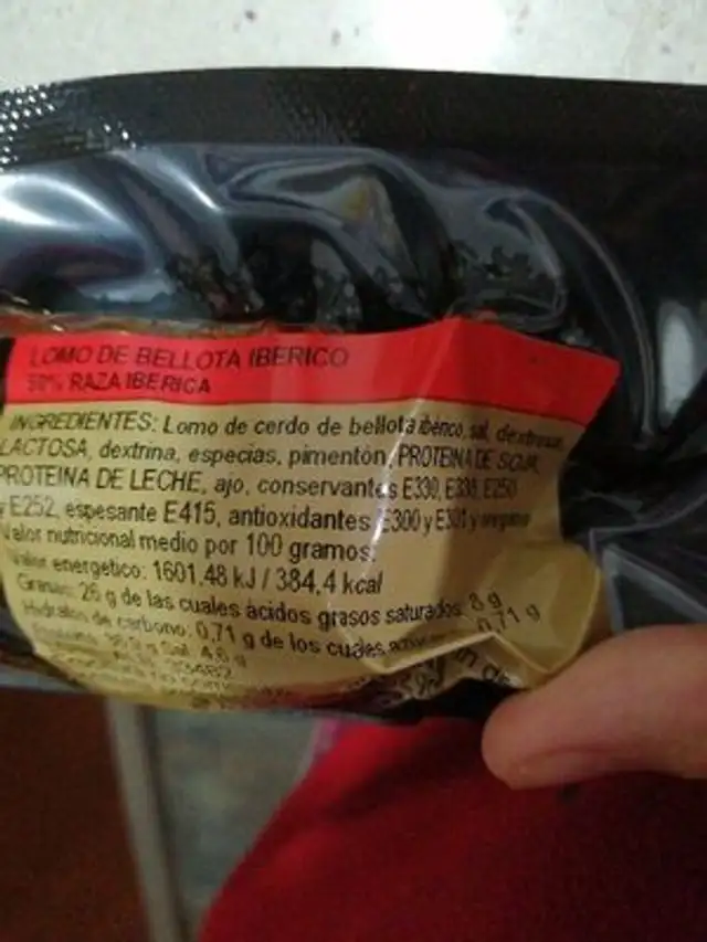 Lomo de bellota ibérico ingredients label