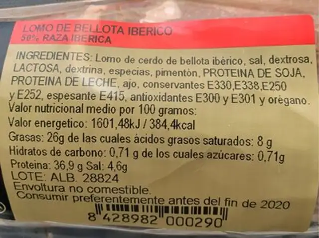 Lomo de bellota ibérico nutrition facts table