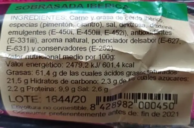 Sobrasada Ibérica nutrition facts table