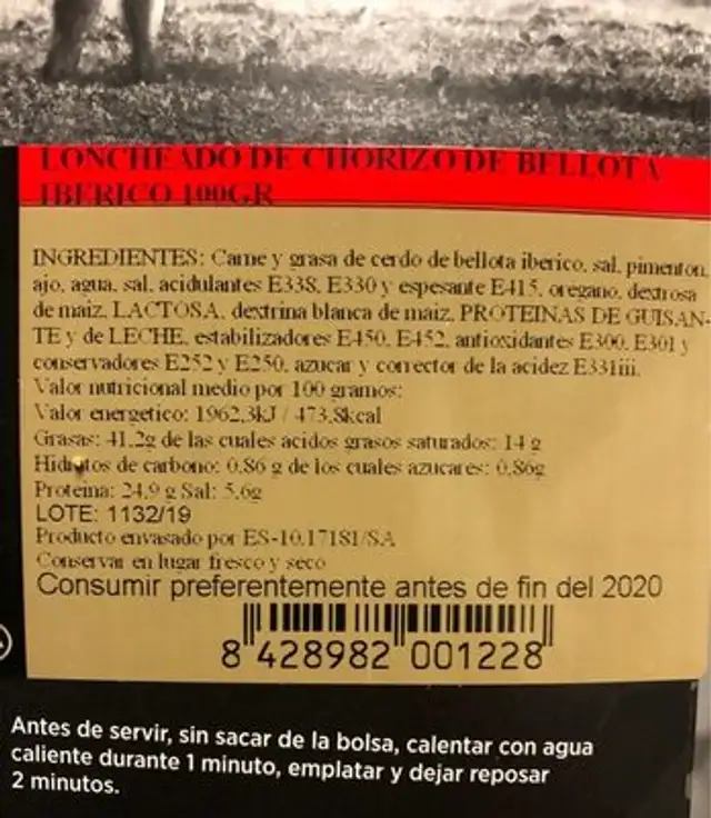 Loncheado Chorizo Bellota Iberico nutrition facts table