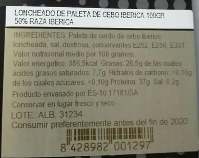 Loncheado de paleta de cebo iberica nutrition facts table