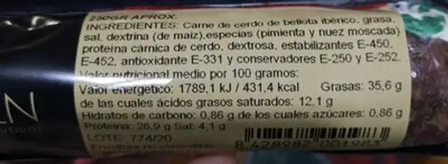 Salchichón de bellota iberico nutrition facts table