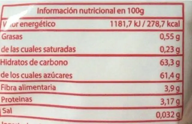 Higos Secos nutrition facts table