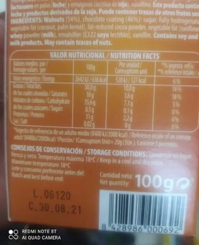 Nueces con chocolate nutrition facts table
